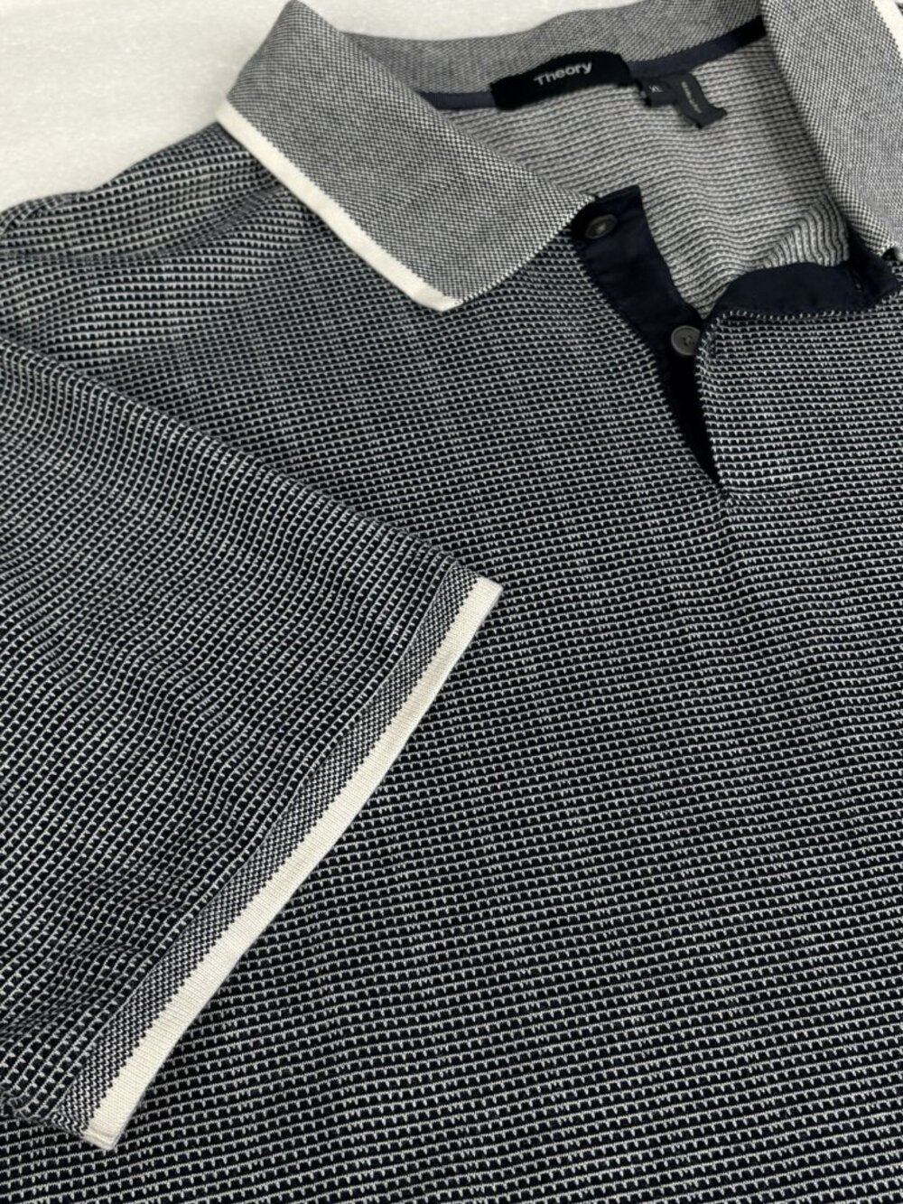 Theory Ticking Jacquard 2-Button Polo Men’s XL Charcoal Grey Geometric Pima Cott